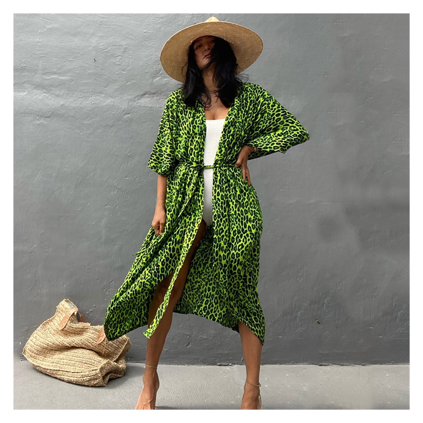 Copricostume da Spiaggia for Costumi da Bagno Donna Kimono Nero Tie-Dye Costume da Bagno Mantello Abito Estivo Abiti da Spiaggia (Color : Green Leopard Covers, Size : One Size)