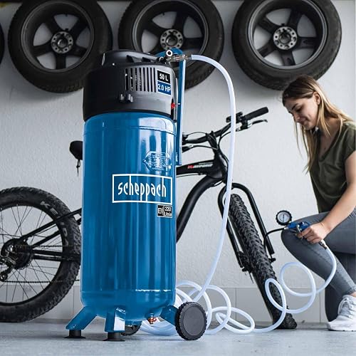 Scheppach Compresseur vertical portatif HC51V – Moteur puissant 1500 W – Sans huile – Cuve de 50 L – 10 bar – aspiration 220 L/min – Tuyau de 8 m + 13 accessoires inclus - 2