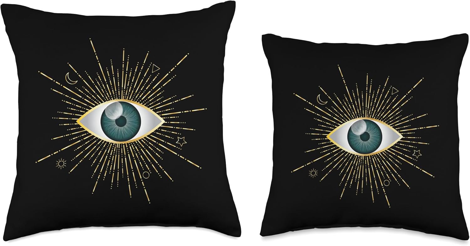 Yellow & Teal Evil Eye Sun Moon & Star Black Nazar Mati Throw Pillow