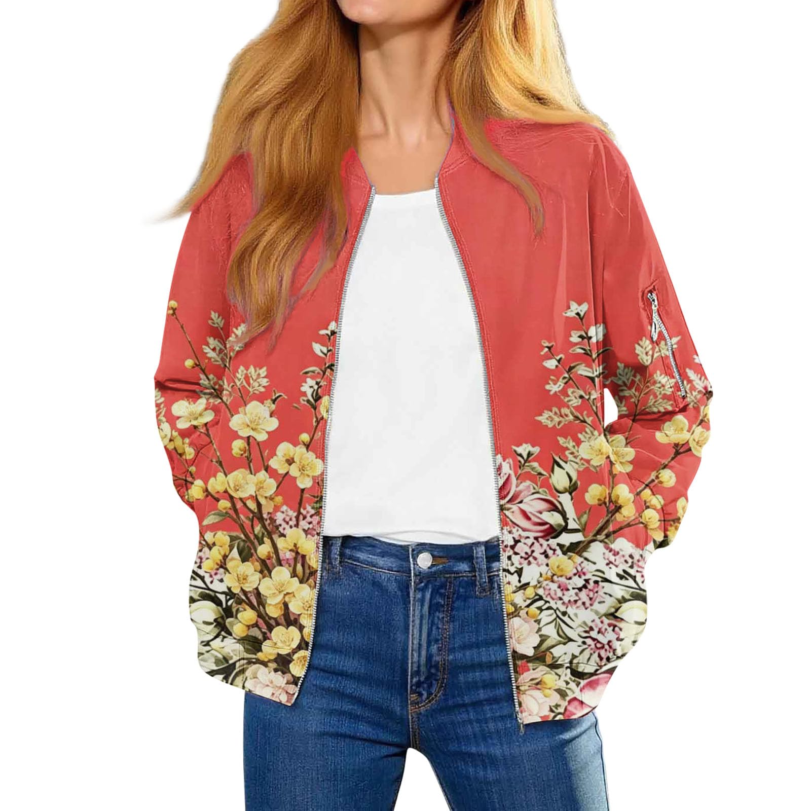 Generisch Giacca bomber da donna, casual, elegante, stampata, con colletto alto, chiusura lampo, tinta unita, per le mezze stagioni, per l'autunno, per attività all'aperto, casual, per tutti i giorni
