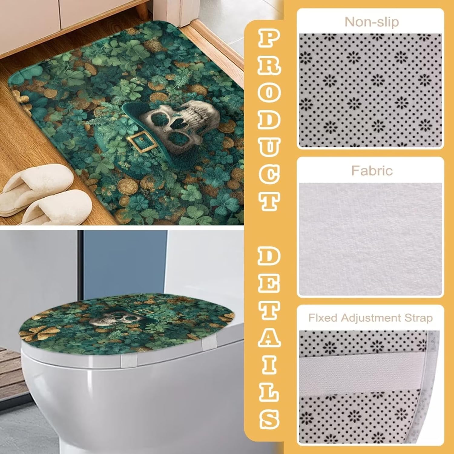 Skull Shamrock Print Bathroom Rug Sets 2 Pack Absorbent Toilet Foot Rug Portable Toilet Lid Seat Cover Bath Carpet St. Patrick's Day Accessories for Bathroom Bedroom Living Room