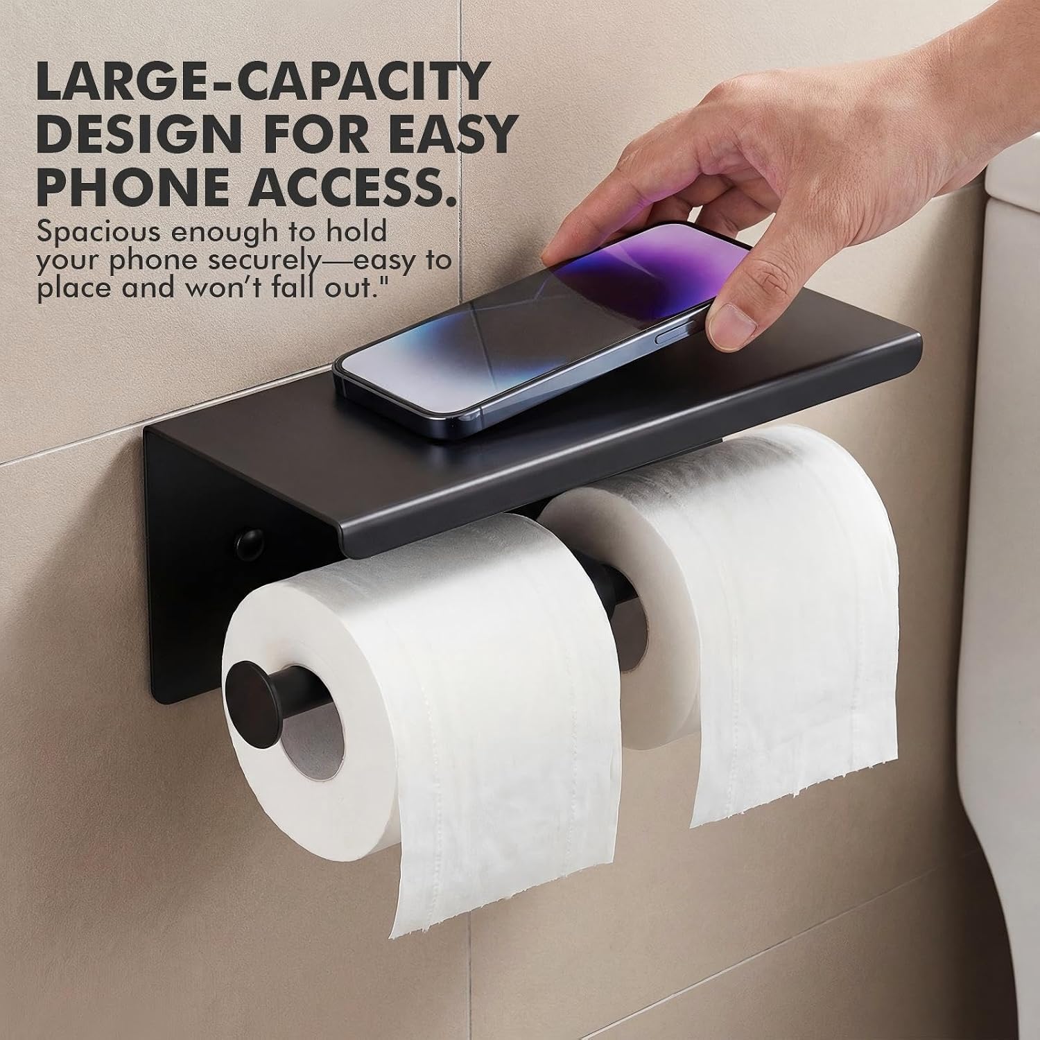Double Toilet Paper Holder with Shelf, Wall Mount Tissue Roll Holder for Bathroom, 304 Stainless Steel Commercial Toilet Tissue Dispensers with Phone Shelf(Black)