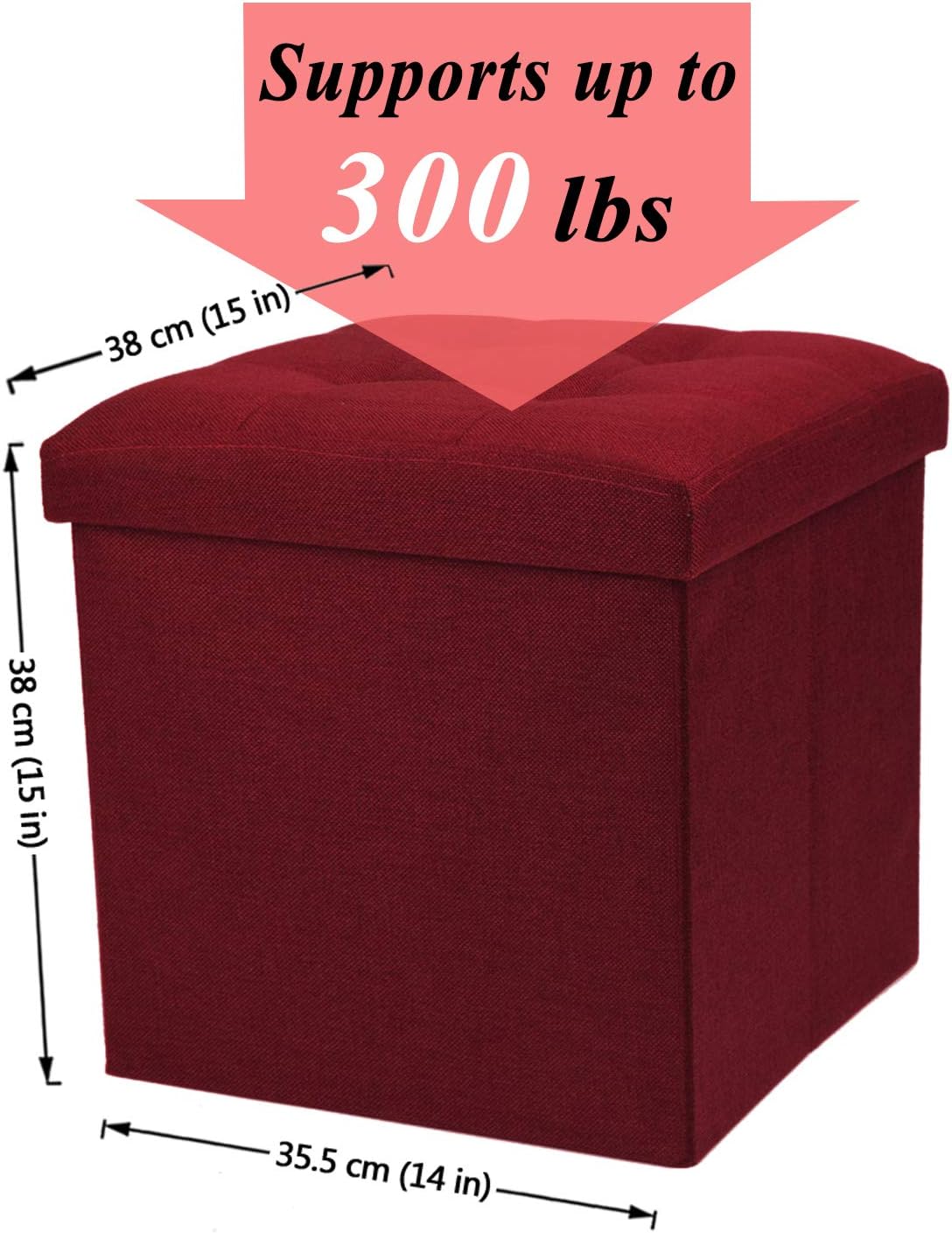 WoneNice Folding Storage Ottoman Cube Foot Rest Stool Seat- 15" x 15" (Linen Wine Red)