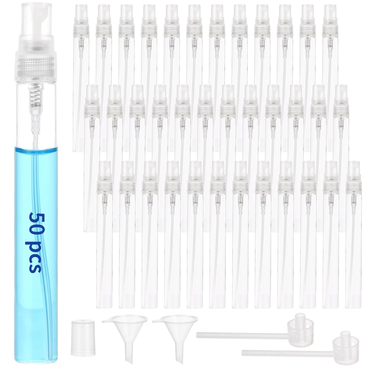 Lnrueg 50 Pcs Mini Spray Bottles, 0.3 oz/10 ml Refillable Glass Perfume Bottles, Portable Travel Sample Containers with Caps, Fine Mist Atomizers with 2 Funnels and 2 Dispensers, Transparent