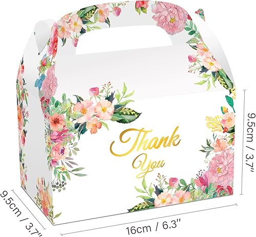 Miniatura 4 de 12 cajas de dulces con diseño de flores y texto en inglés "Thank You Our Love" con asa de papel kraft con temática de flores, para bodas,