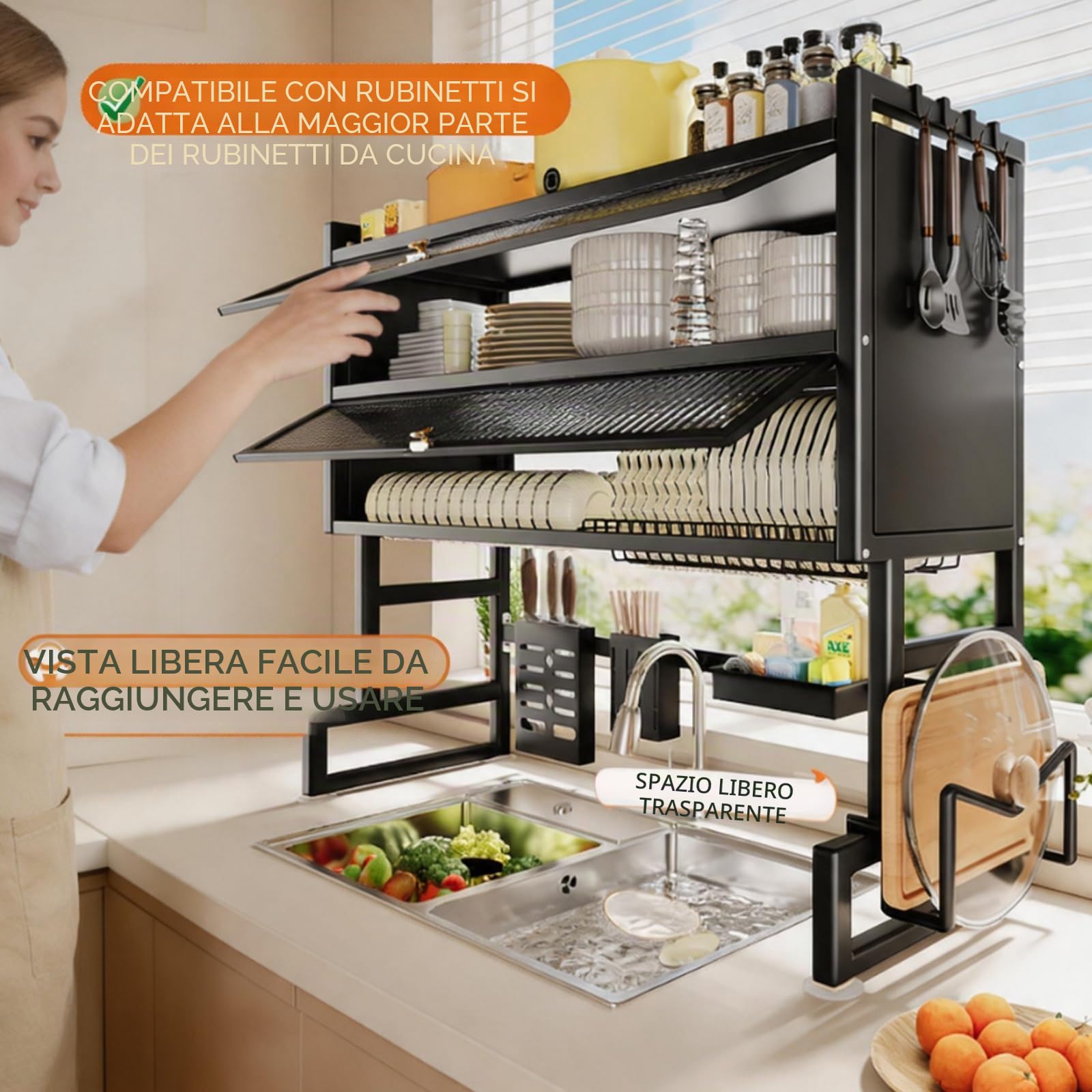 Mantieni organizzati i Ripiani del lavello della Cucina e risparmia Spazio,Scolapiatti da Cucina, lavello per lavastoviglie, Piano di Lavoro, Antipolvere(Black Single Layer,85cm/33.5in)