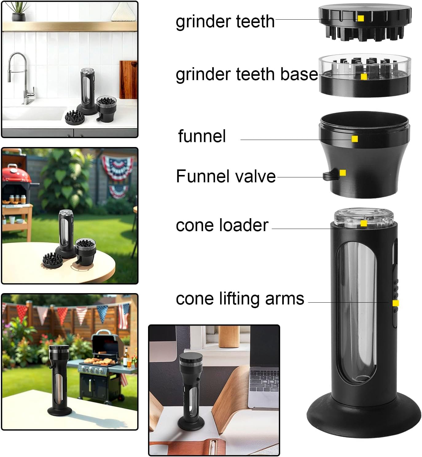 Herb Grinder Cone Loader, Portable Roll Filling Machine, 2 in 1 Kräuterschleifer und Kegelfüller, Schwarz cones joint