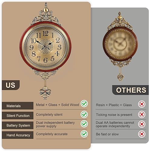 Miniatura 4 de Reloj de pared vintage con péndulo, diámetro de 16 pulgadas, longitud completa, 30.7 pulgadas, reloj silencioso retro grande de metal y vidrio para