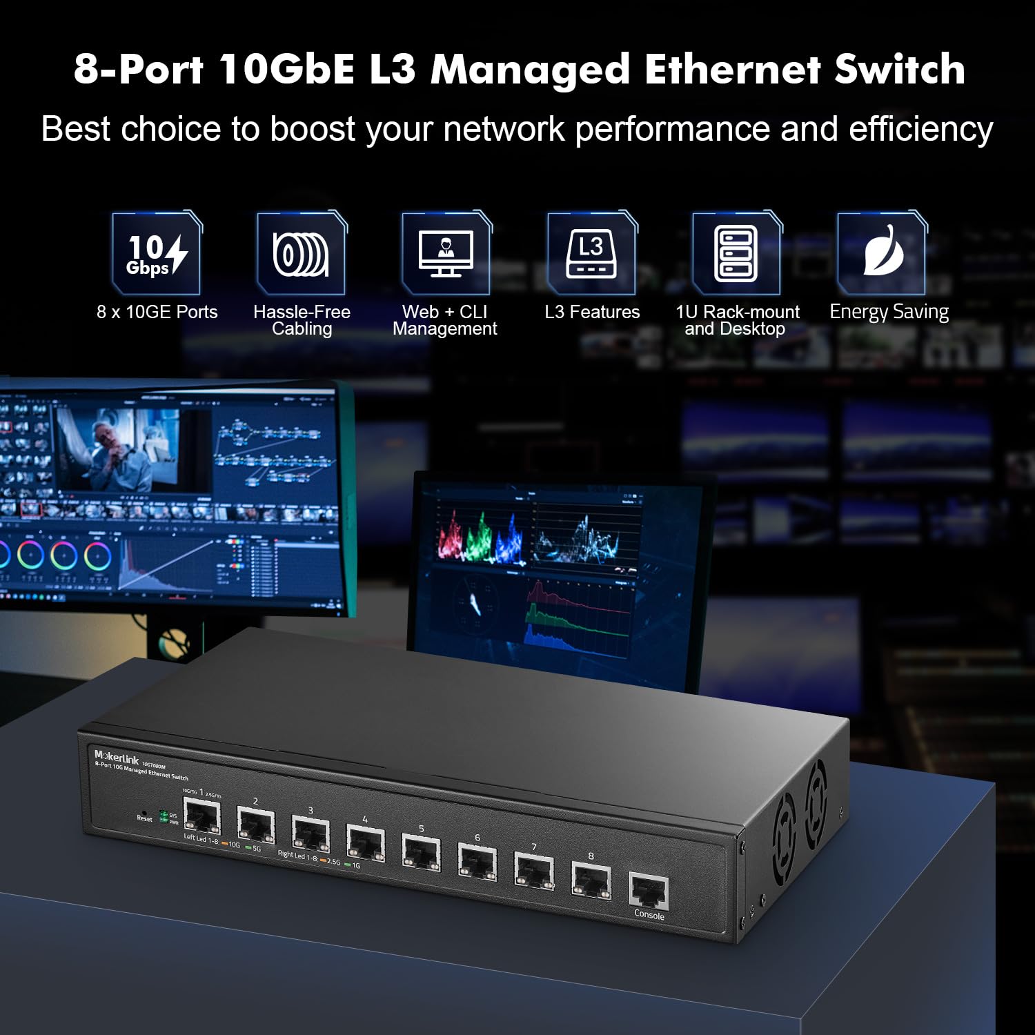 MokerLink 8 Port 10G Managed Ethernet Switch, 10G/5G/2.5G/1G Auto-Adaptive, L3 Web/CLI Managed, Metal Desktop|Rackmount Network Switch
