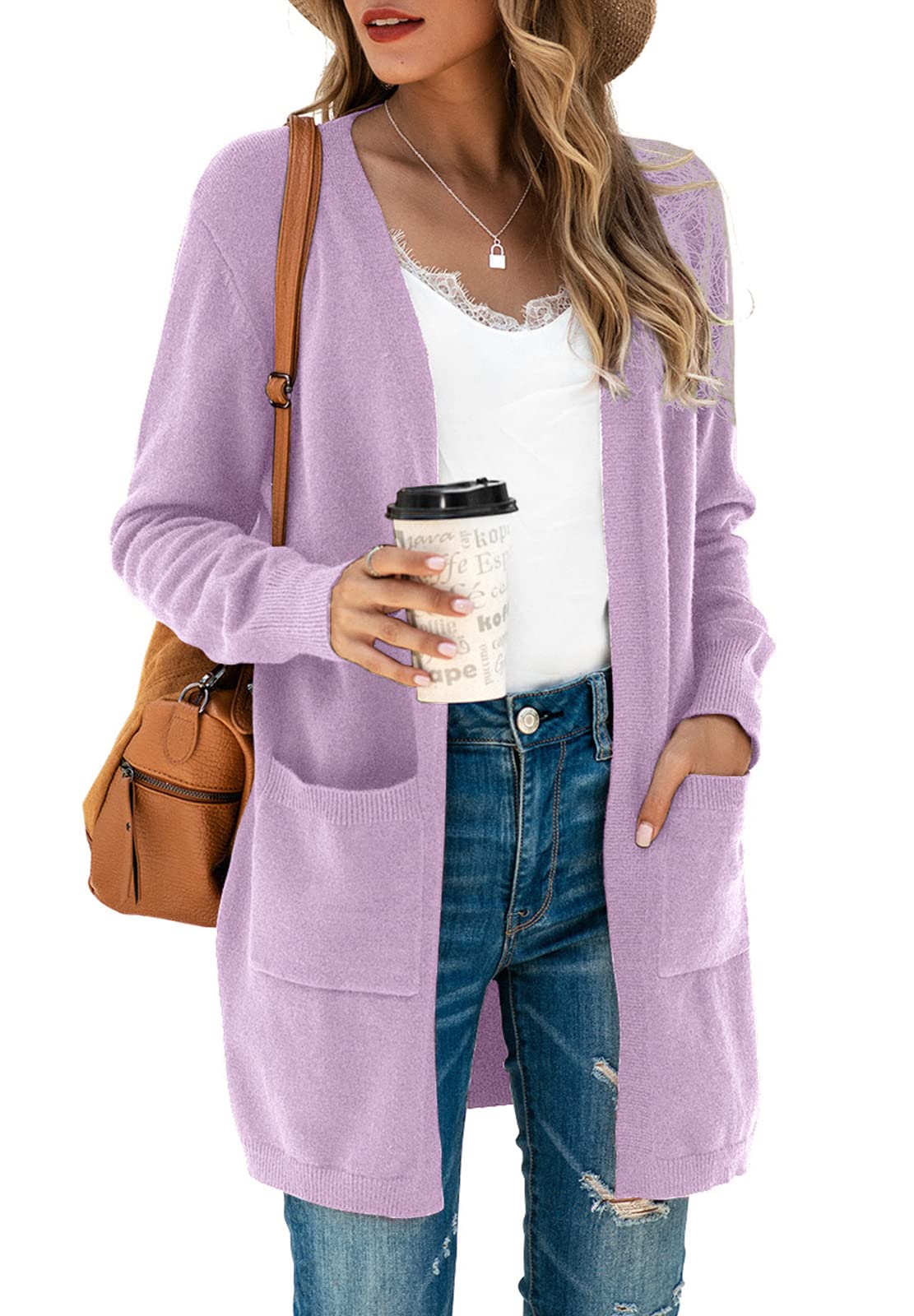 TASAMO Women's Kimono Cardigan Long Sleeve Open Front Casual Knit Sweaters Coat Oversized Soft Outwear with Pockets