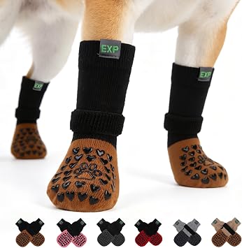 EXPAWLORER Anti Slip Dog Socks to Prevent Licking Paws, Hot Pavement Dog Boots & Paw Protectors Booties for Hardwood Floors with Heart Grippers, Dog Shoes for Small Medium Large Senior Dogs Brown XS