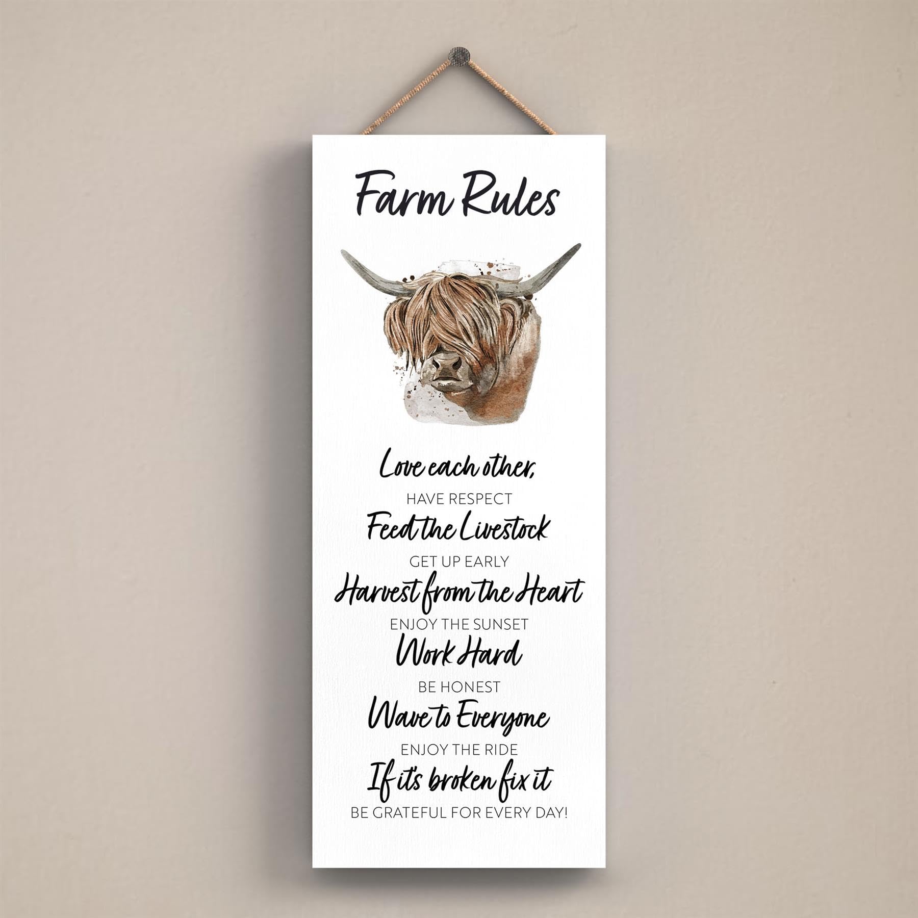 Global Designs Farm Rules Highland Cow Watercolour Artwork Decorative Wooden Plaque Wall Art