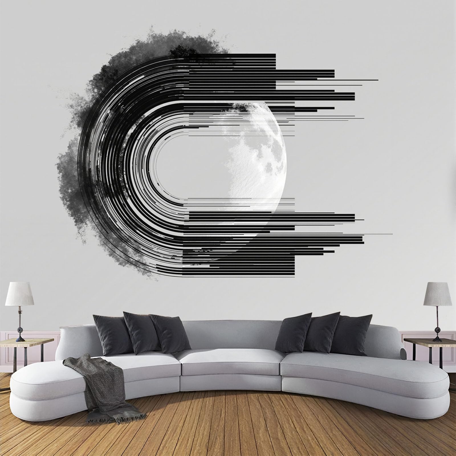 Papier peint lignes minimalistes lune C noir et blanc en soie pour salon 300x210cm