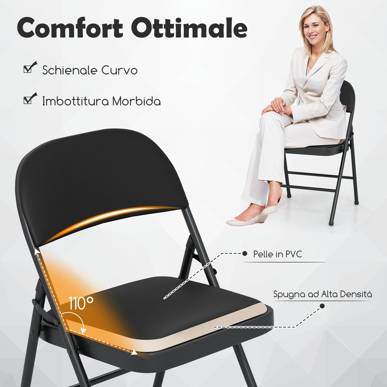 COSTWAY Set di 4 Sedie Pieghevoli, Sedia per Interno ed Esterno con Struttura in Metallo, Sedie Impilabili in Artificiale PVC, Portata 150kg, Sdraio Imbottite da Pranzo per Feste e Matrimoni (4)