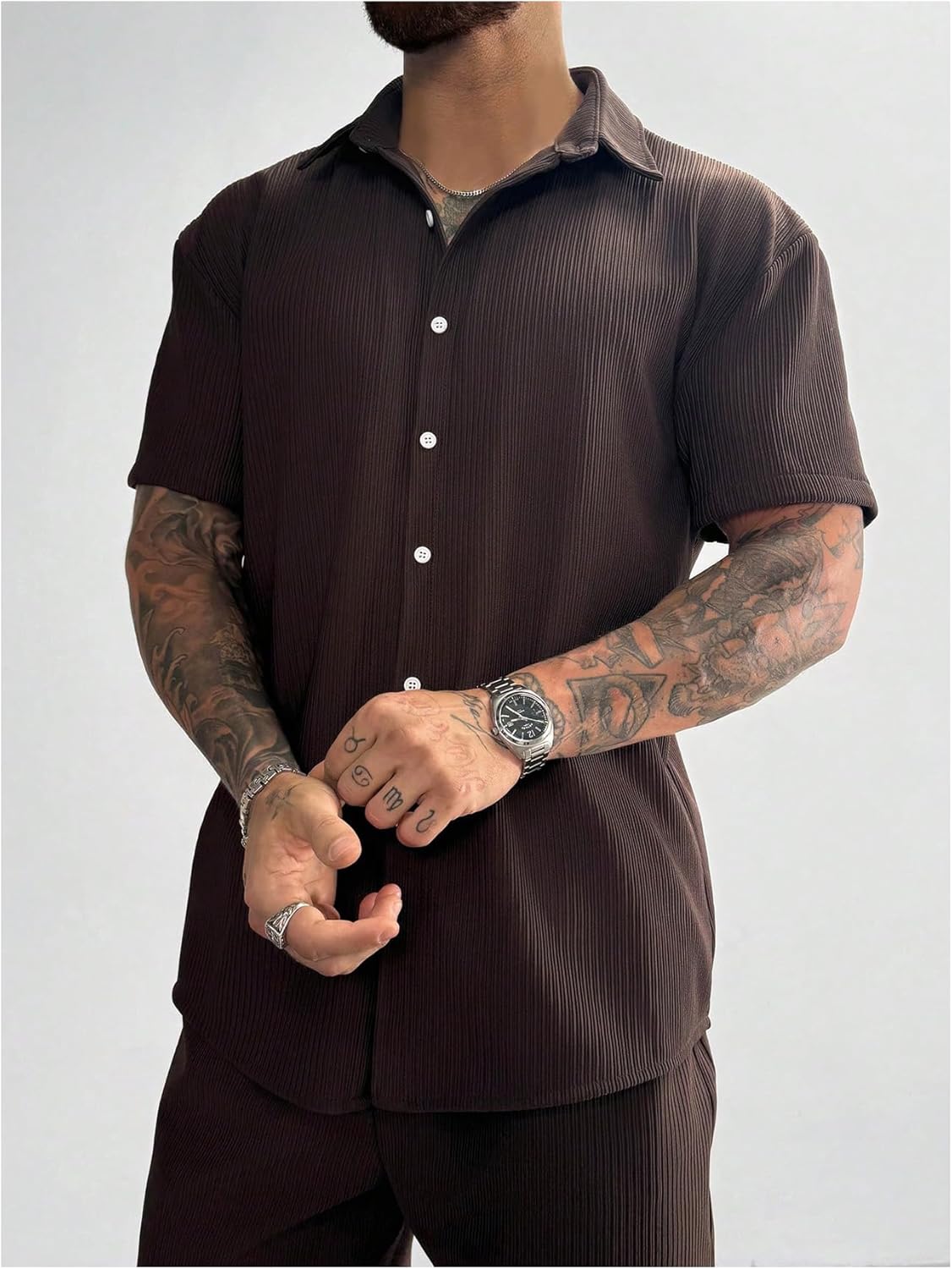 Men's Short Sleeve Button Down Shirts Ribbed Knit Collared Shirts Vacation Work Clothes - Image 4