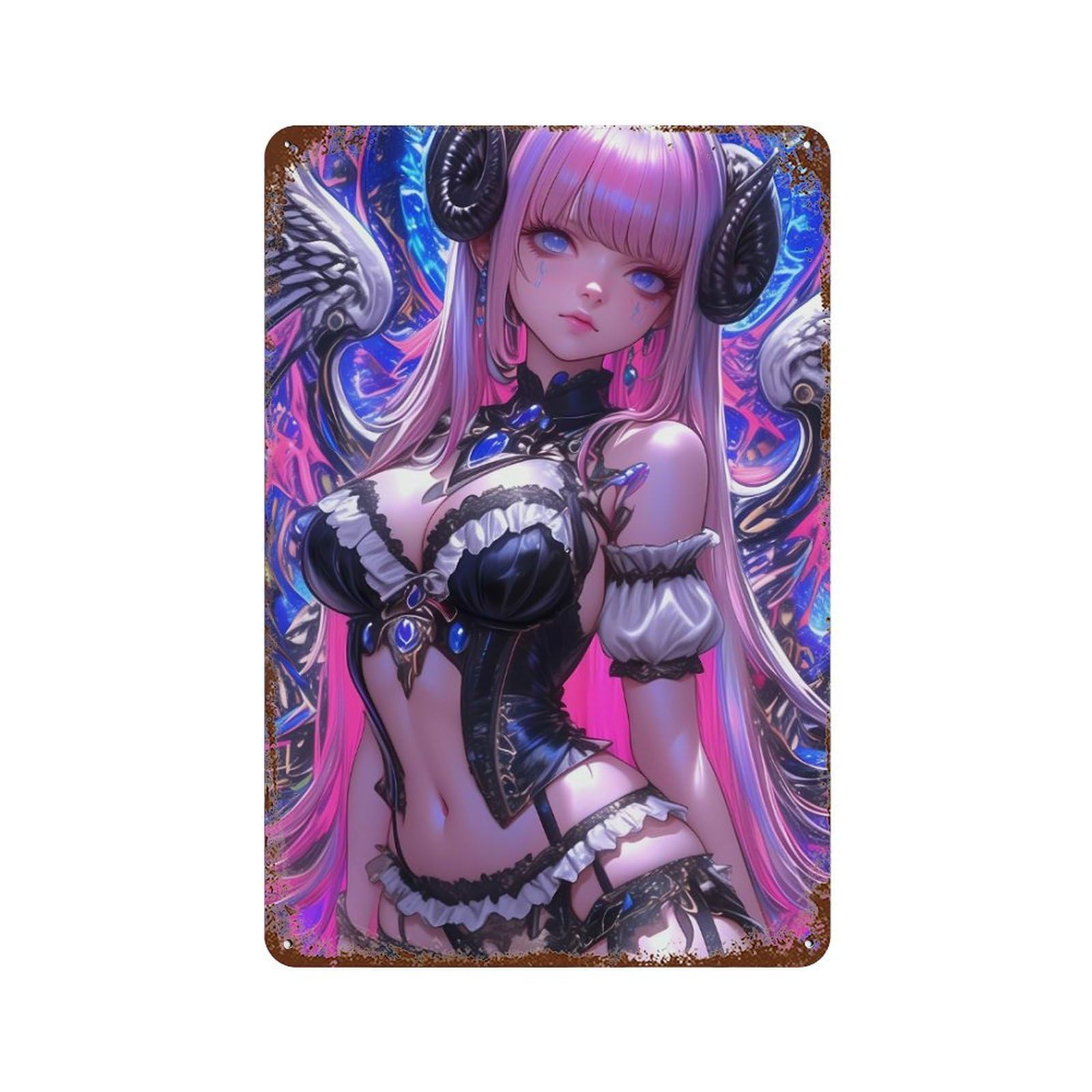 Vintage Rust Metal Sign with Angel Demon Girl Anime Girl Design 11.8"x7.9", for Shed, Workshop And Garage Wall Decor, Retro Wall Decor