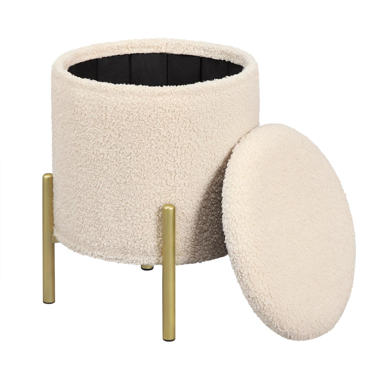 eSituro Taburete Almacenaje Redondo, 18L Baul Almacenaje Plegable con Asiento Tapizado en Felpa, Taburete Bajo con Almacenamieto, Reposapiés de Sofá y Cama, Patas de Metal, φ35x H41 cm, Beige