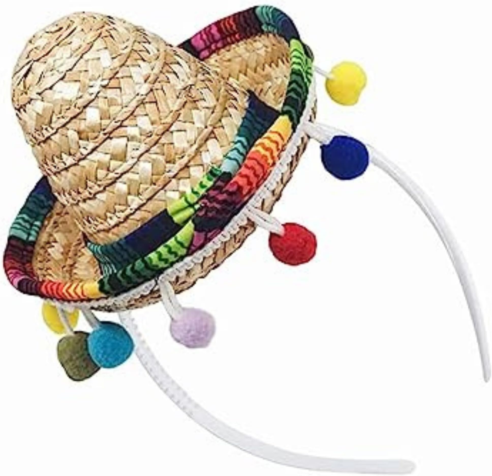Mini Cinco De Mayo Sombrero Headbands Small Fabric Mexican Sombrero Hats Straw Mexican Sombrero Hats with Ball Fringe for Mexican Themed Party Decorations Birthday Party Supplies