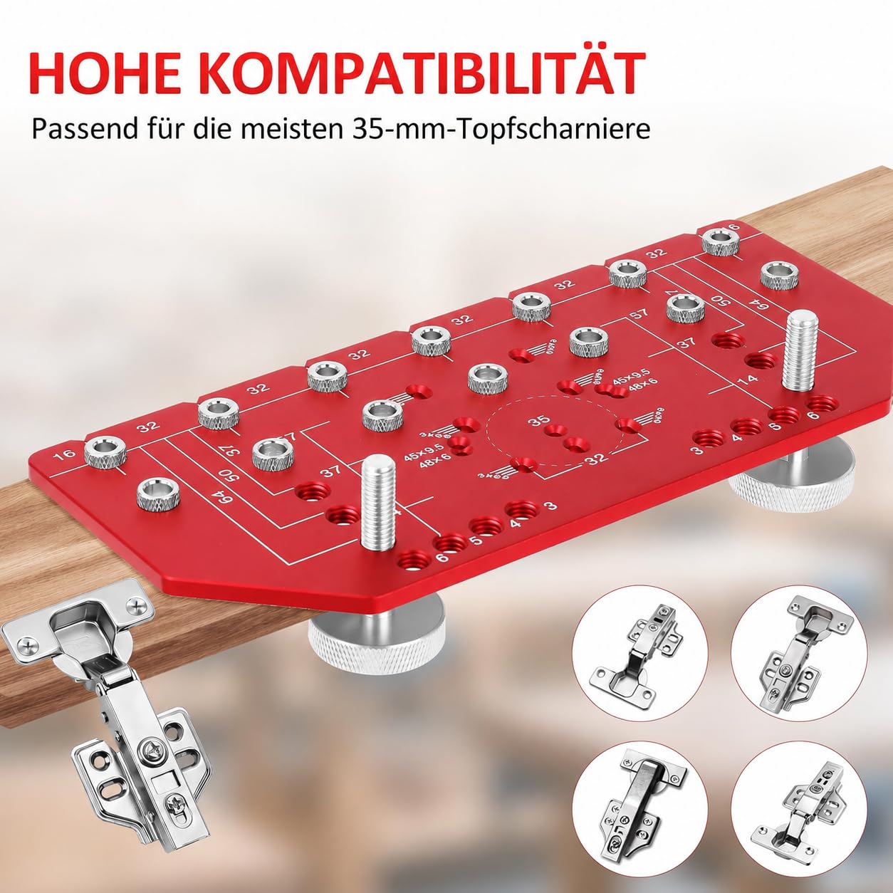 2-in-1 Topfband-Bohrschablone für 35 mm Scharniere & 32 mm Lochreihe | Möbel-Bohrlehre aus Aluminium für präzise Bohrungen an Schranktüren, Topfscharnieren, Lochreihen & Möbelmontage