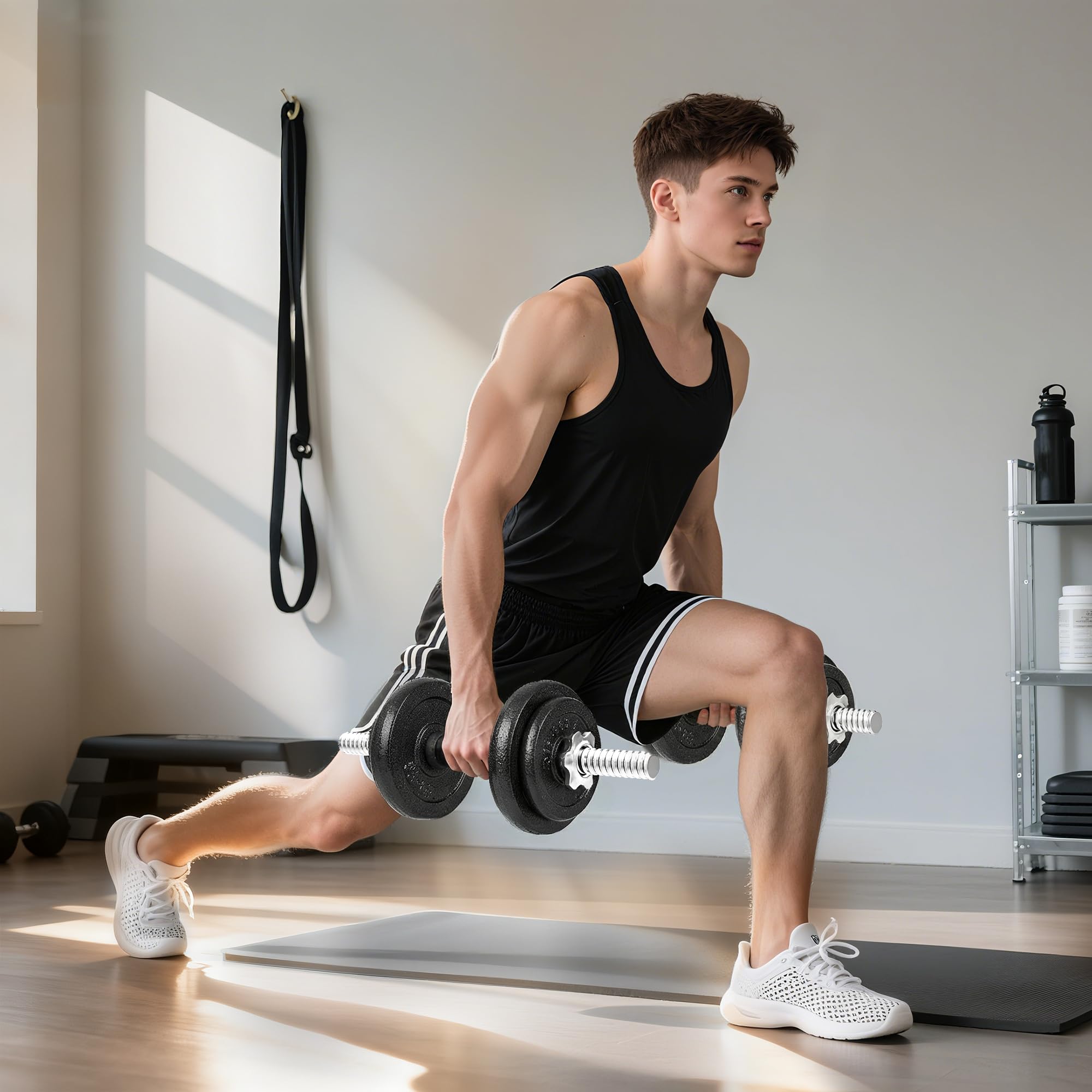 SPORTNOW Set di Manubri 2 in 1 da 20kg Regolabile con Impugnature Antiscivolo, Set Pesi e Bilanciere per Allenamento a Casa con 8 Dischi Pesi, Barra Bilanciere e 2 Barre per Manubri in Acciaio