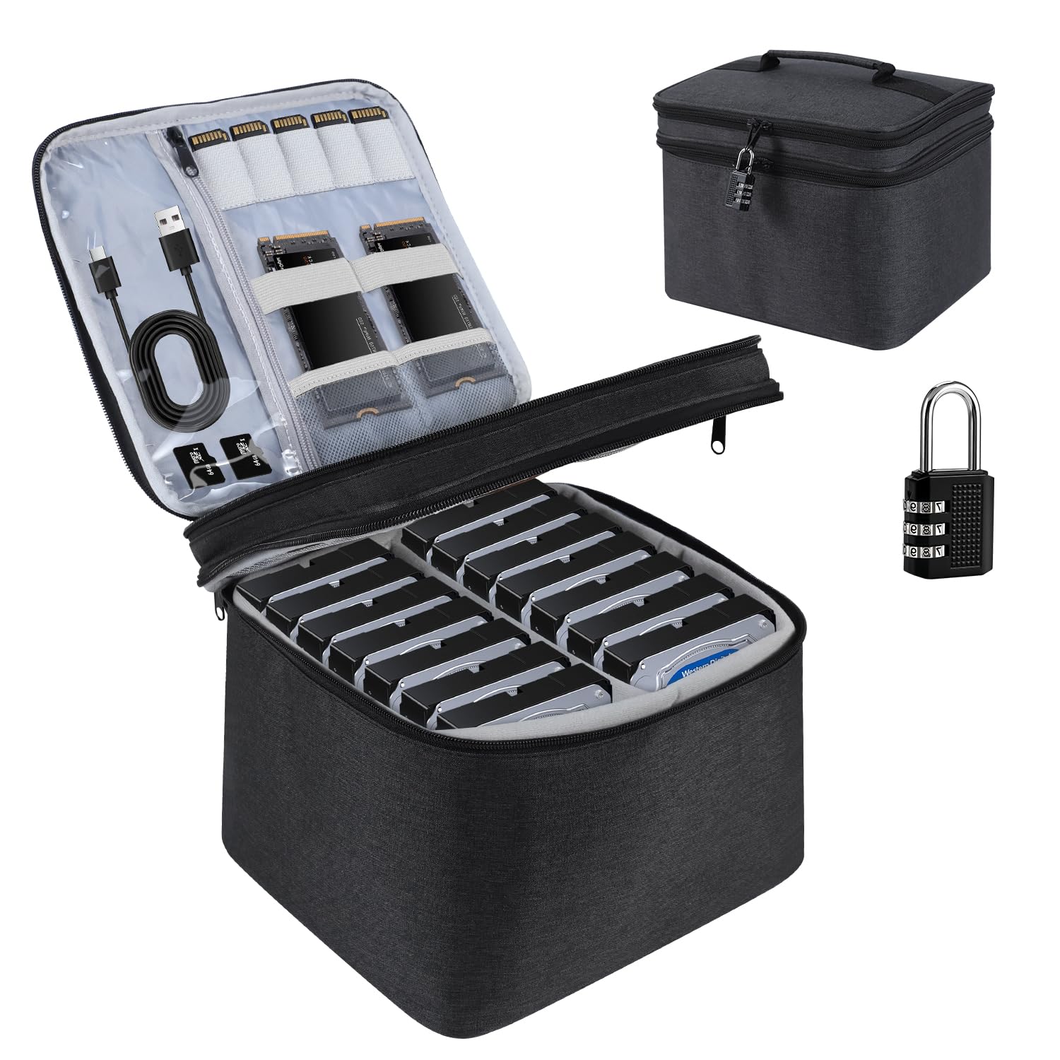 Funda para disco duro, bolsa de almacenamiento protectora de 14 bahías para disco duro de 3.5 pulgadas, caja de almacenamiento de gran capacidad con cerradura, funda de transporte portátil