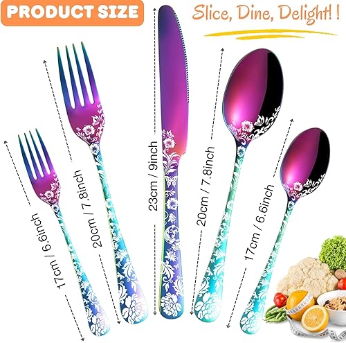 Miniatura 2 de Vilihkc juego de cubiertos de 20 piezas con diseño de flores de peonía, juego de cubiertos de acero inoxidable para 4, juego de cubiertos coloridos,
