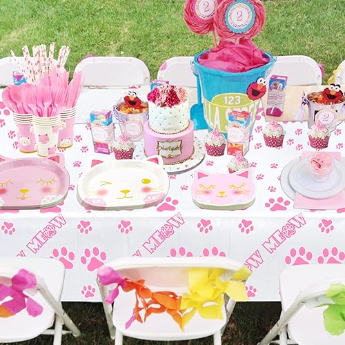 Miniatura 8 de 167 piezas de suministros para fiesta de cumpleaños de gatos Cartel de gatito MEOW, platos de papel de gato, servilletas, vasos, manteles,