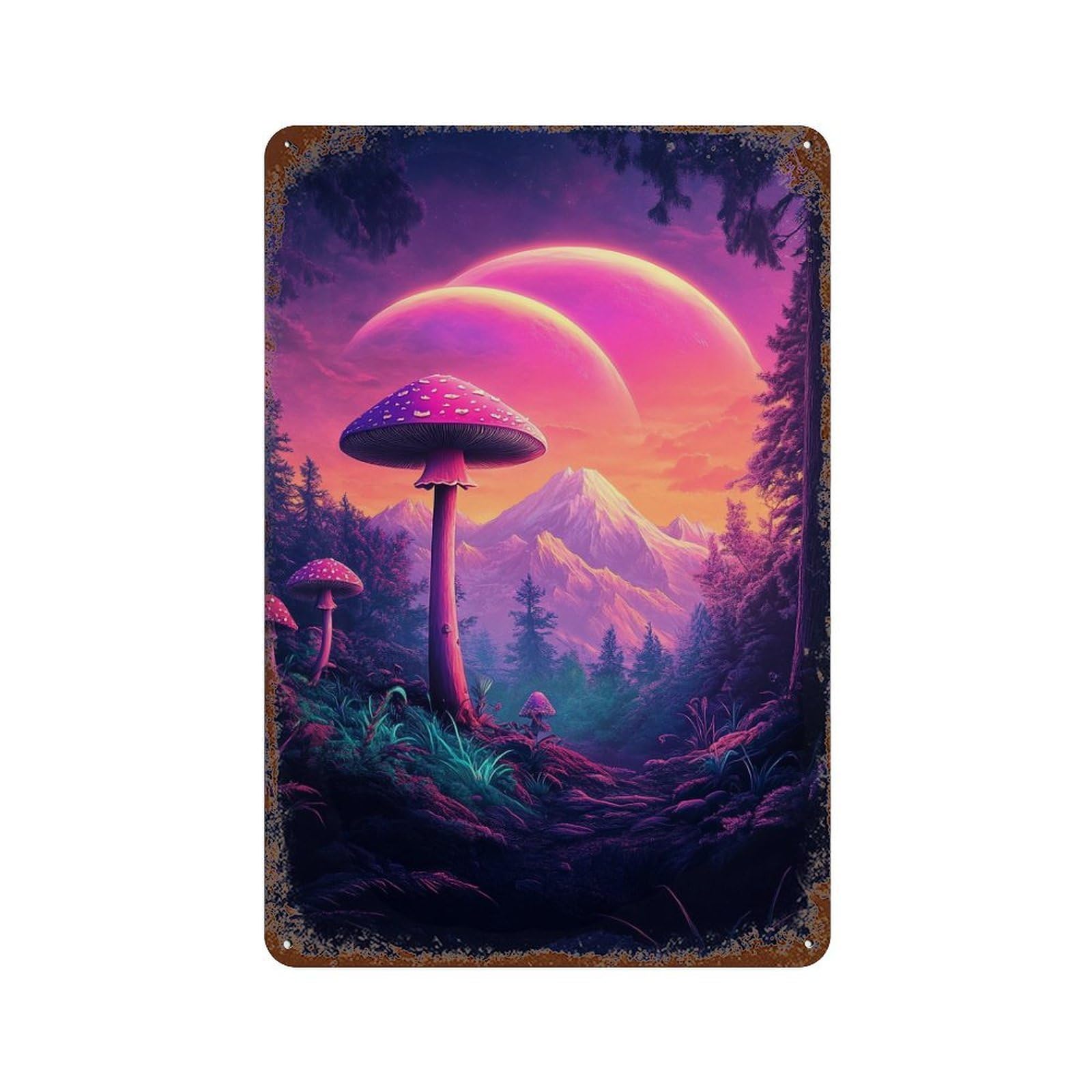 Fantasy Mushroom Forest Landscape Decorative Tin Sign 11.8"x7.9", for Garage, Bar And Workshop Decor, Novelty Wall Decor