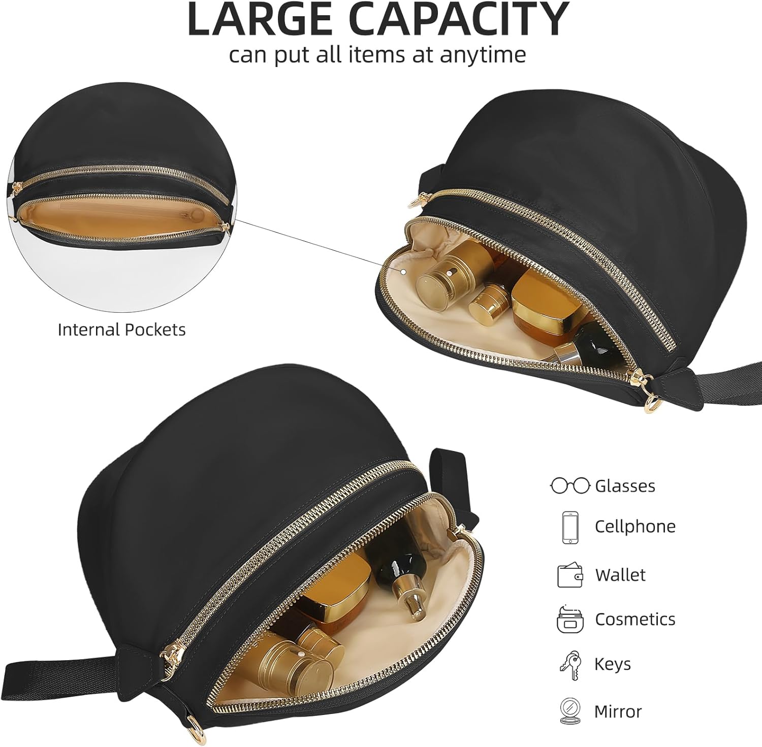 Titosha Oversized Nylon Bum Bags for Women Crossbody, Adjustable Strap Black Crossbody Bag Large Fanny Packs Sling Bag