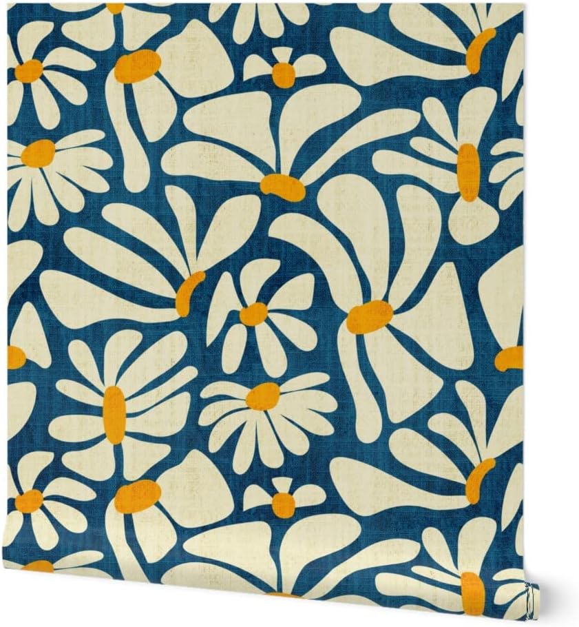 Spoonflower Peel & Stick Wallpaper Swatch - Retro Daisy Flower Power Blue Floral Vintage Groovy 70S 60S Custom Removable Wallpaper