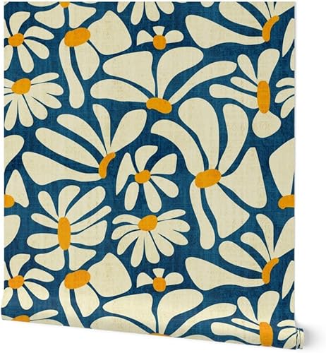Papel tapiz autoadhesivo de 9 x 2 pies  Retro Daisy Flower Power Blue Floral Vintage Groovy 70S 60S papel tapiz extraíble personalizado por