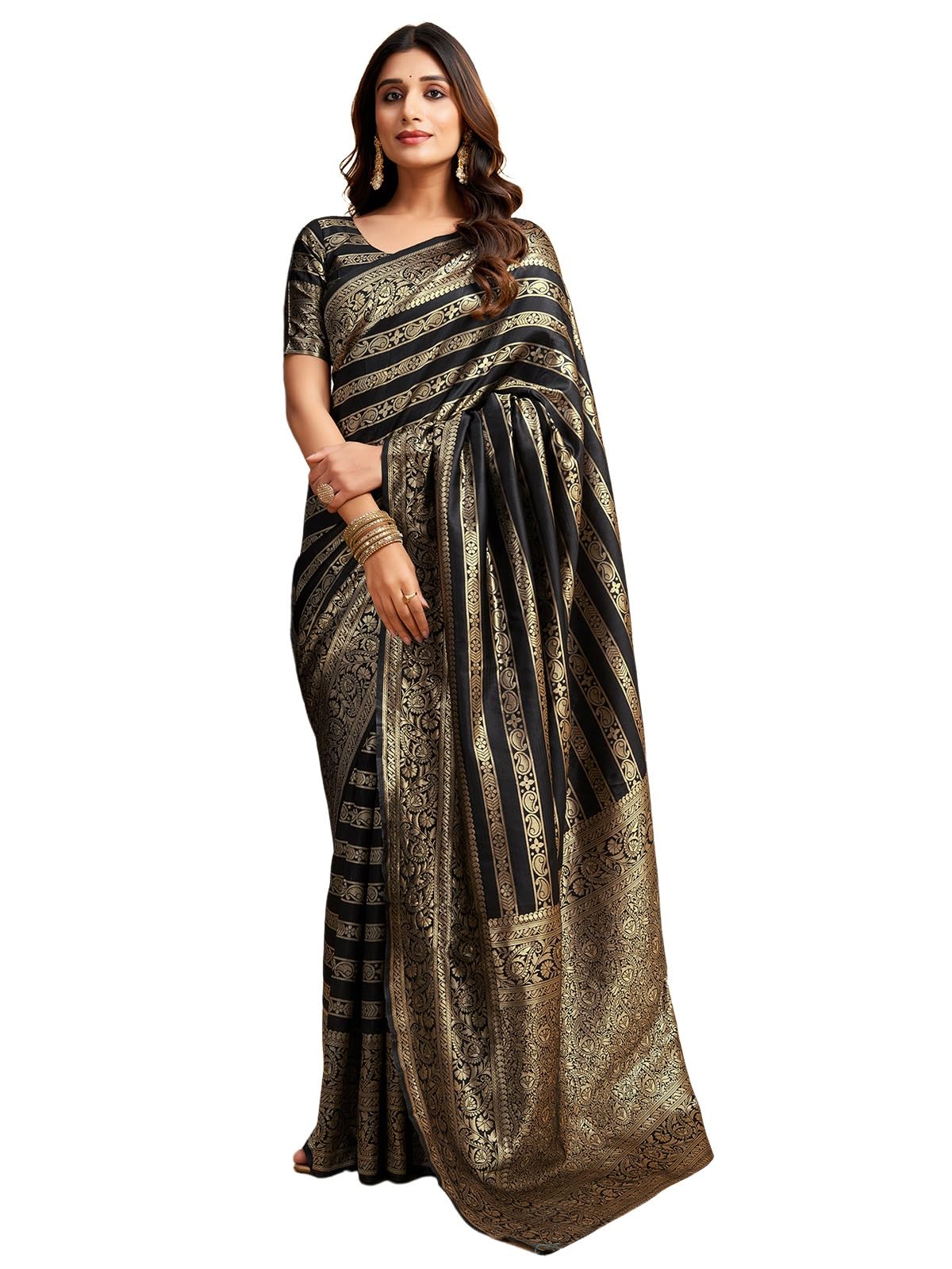 Satrani Women's Jacquard Silk Blend Saree (3930S331N_Black & Golden)