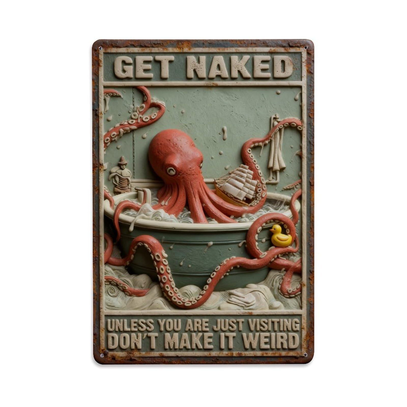 Octopus Bathroom Humorous Vintage Metal Tin Sign Retro Wall Decor Poster, Ideal for Home Office Living Room Bar Man Cave, 8x12 Inch