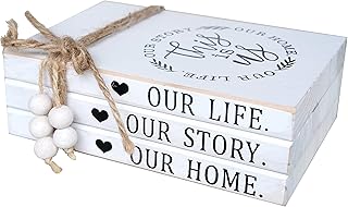 LIVDUCOT Wood Decorative Books Stack Rustic Home Decor Stack White Wooden Books for Modern Home Decor,Shelf,Mantle or Tray This is Us Our Life Our Story Our Home 7X 5.5X 2.5'