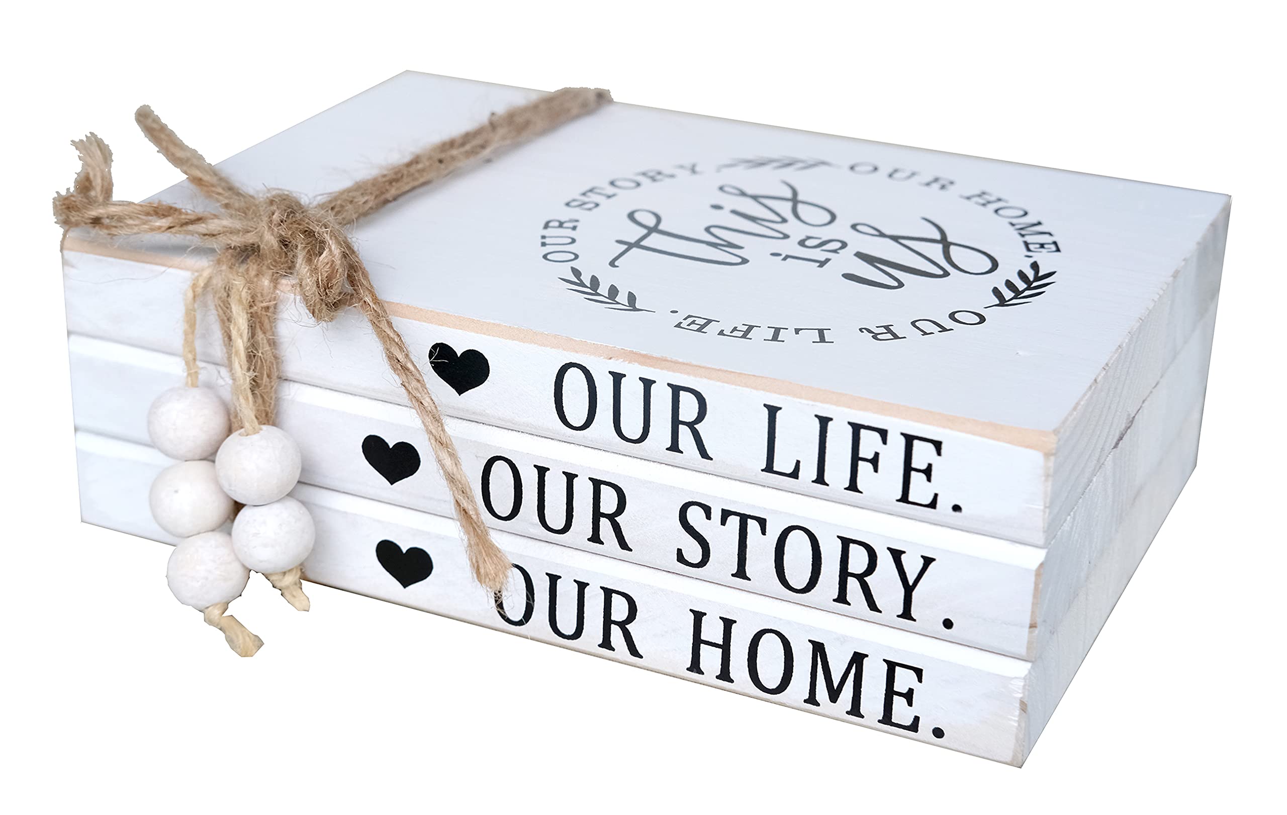 LIVDUCOT Wood Decorative Books Stack Rustic Home Decor Stack White Wooden Books for Modern Home Decor,Shelf,Mantle or Tray This is Us Our Life Our Story Our Home 7X 5.5X 2.5'
