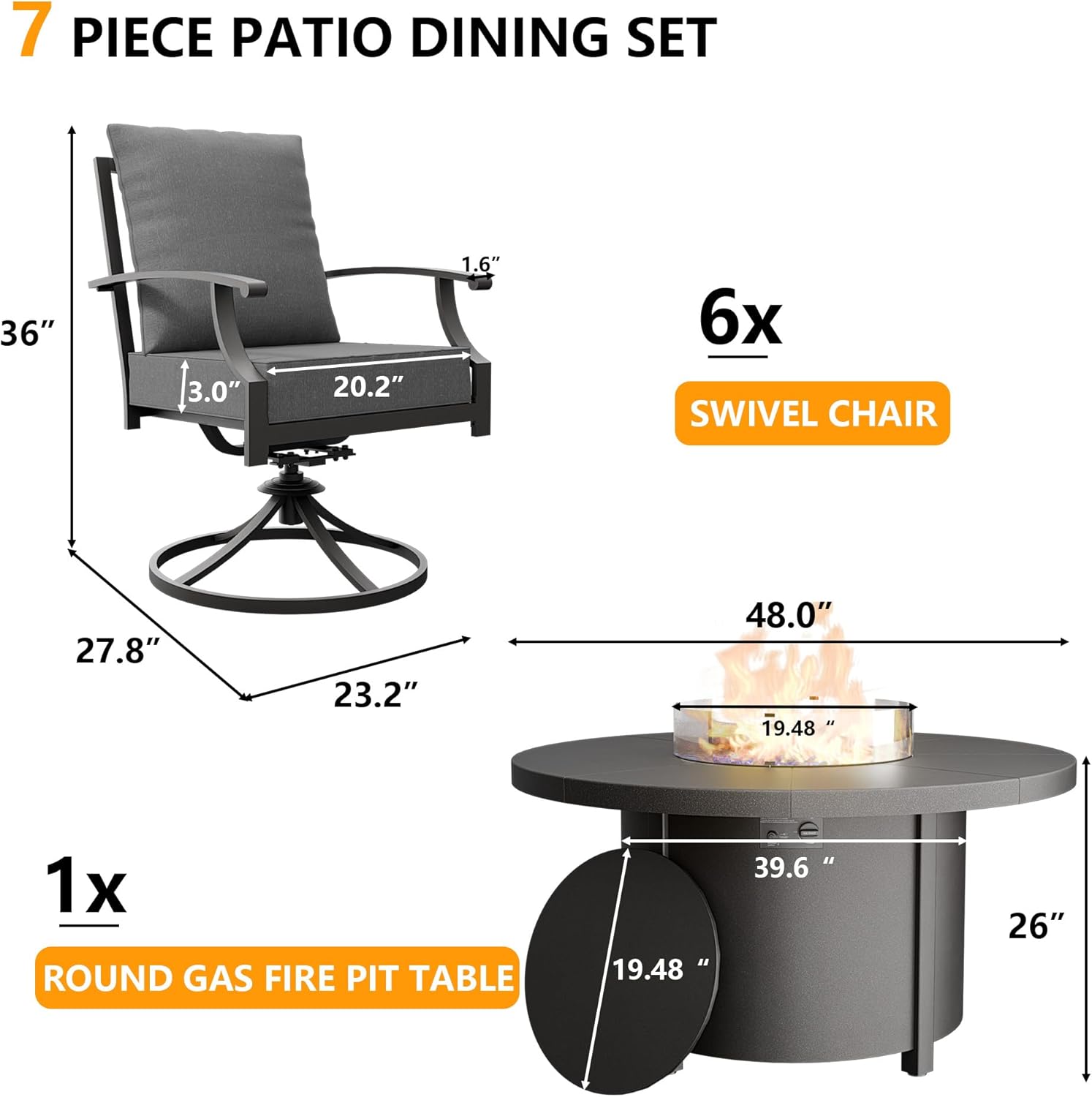 ASMJR 7 Piece Metal Outdoor Patio Furniture Set with 48" Round Propane Fire Pit, Outdoor Dining Table Set with 6 Swivel Chairs and 55000 BTU Outdoor Fire Pit, Grey
