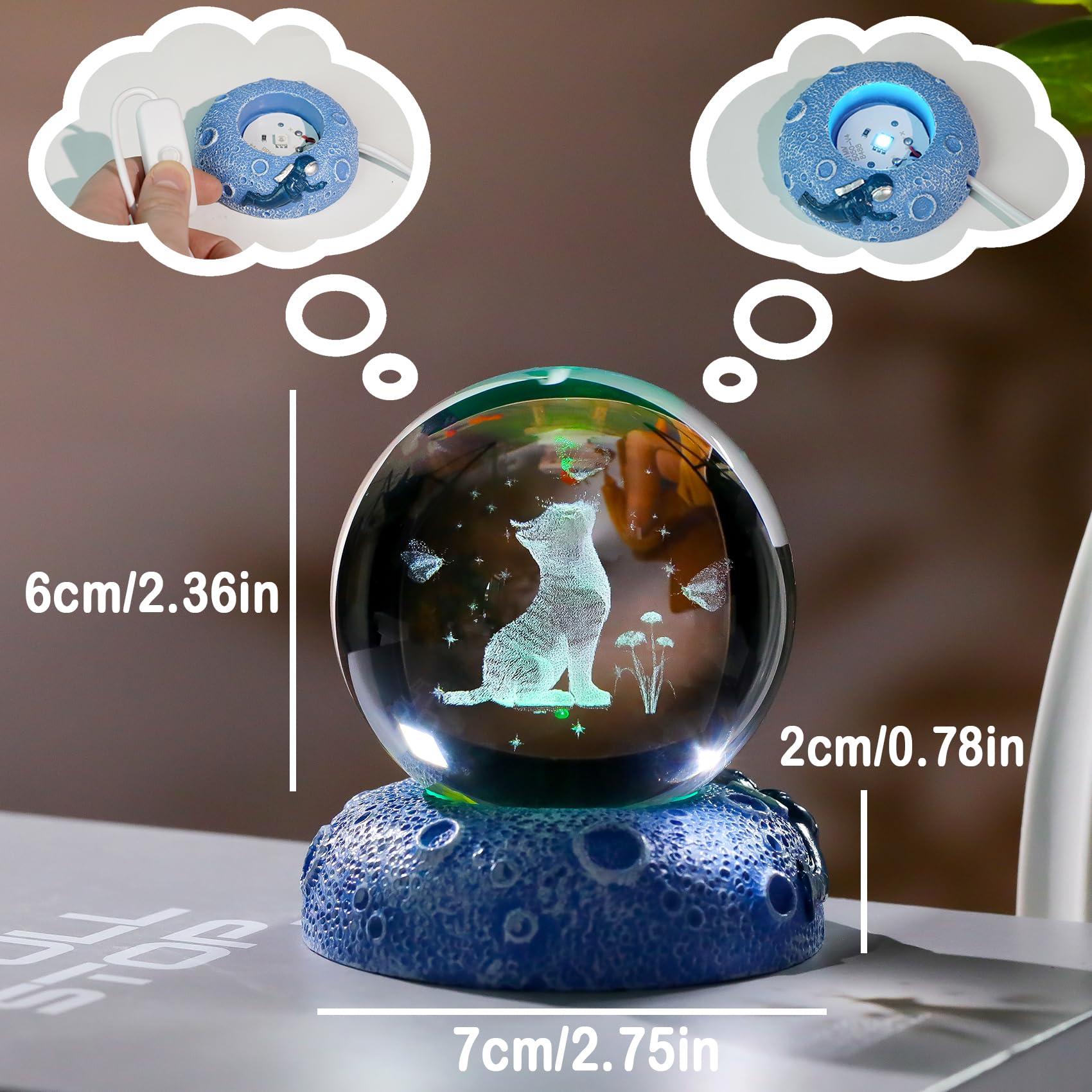 Movdyka Crystal 3D Cat and Butterfly 2.36in Ball Figurine Gifts for Women Glass Animal Art Sphere for Room with Space Light Base Keepsakes for Kitty Lover Home Ornament Paperweight - Image 2