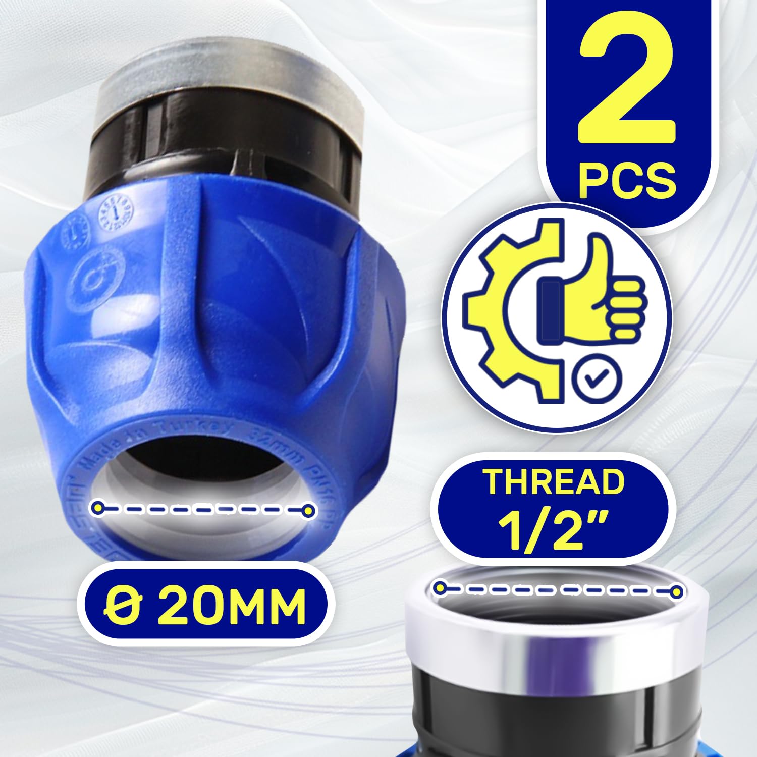 2 Raccords Manchon PP 20 Mm X 1/2" Filetage Mâle - Pour Tuyau Polyéthylène PE - Connexion étanche, Haute Pression PN16 - Irrigation, Plomberie