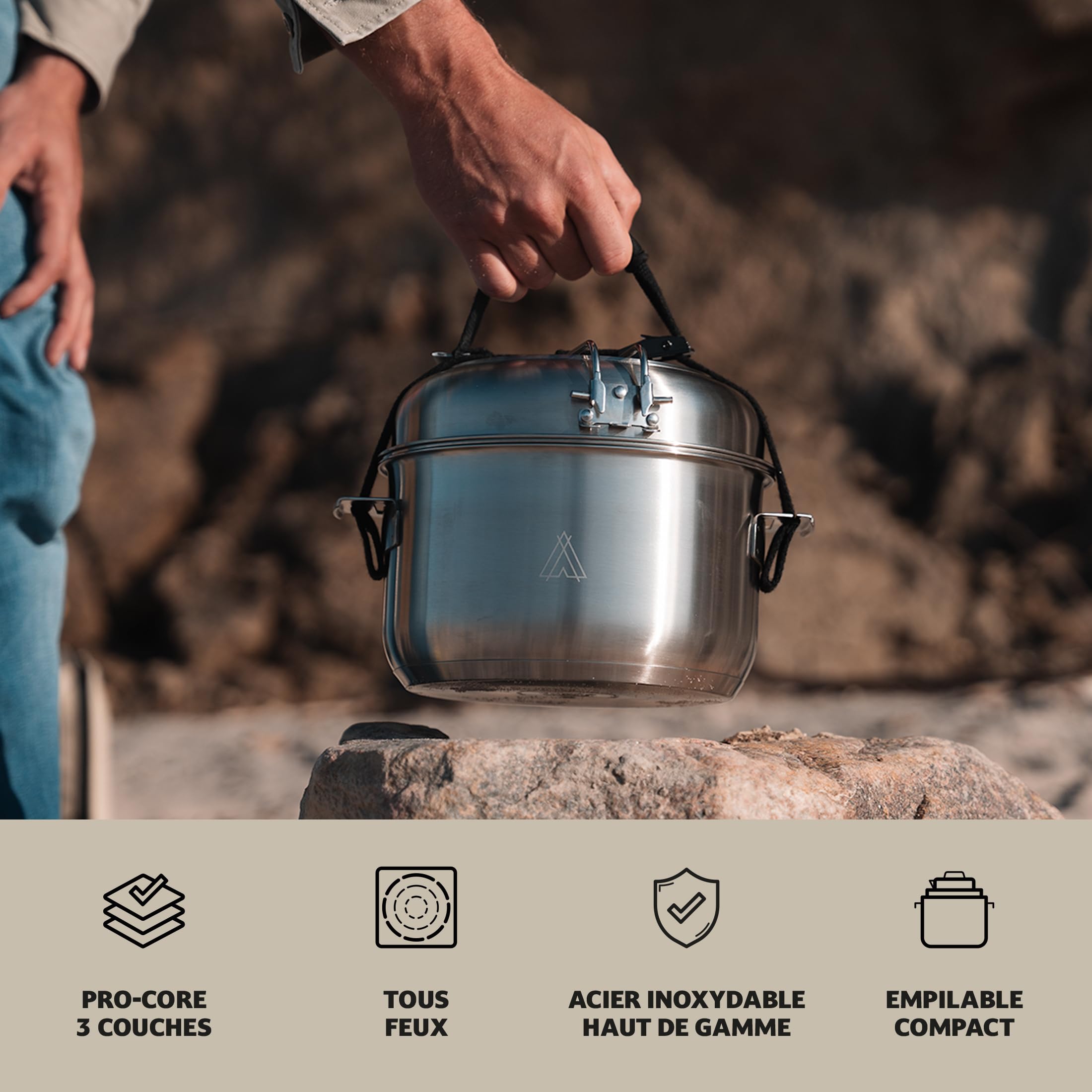 Campo Libre.® Enzo Kit de Casserole Camping – Set de Casseroles et Poeles INOX Durable, Technologie ProCore, Induction, Gaz, Batterie Cuisine INOX Extérieure, Design Compact Empilable
