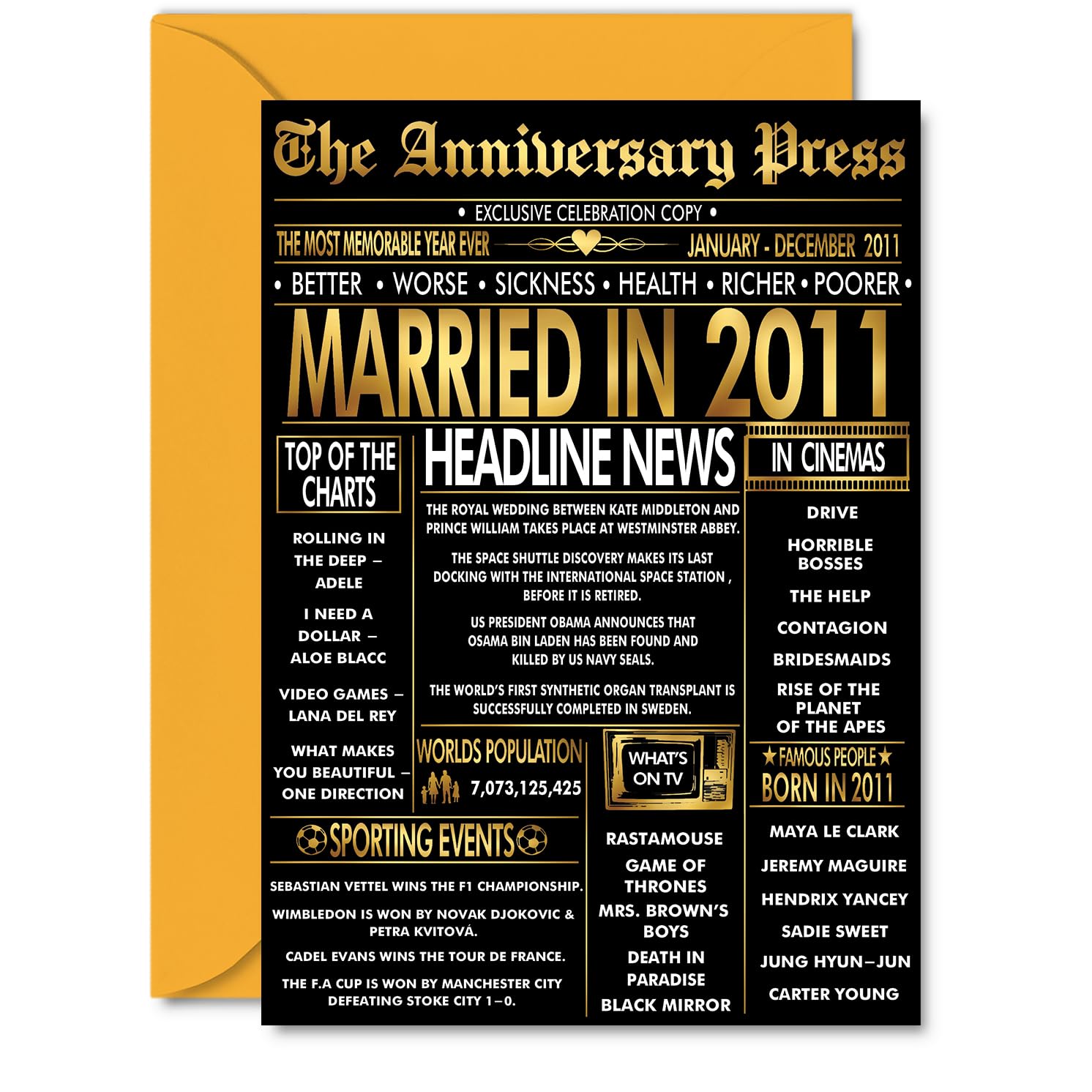 Gold 15th Anniversary Card for Men Women - Golden Newspaper Married in 2011-15 Year Wedding Anniversary Card for Wife Companion Husband Partner, A5 Anniversaries Greeting Cards