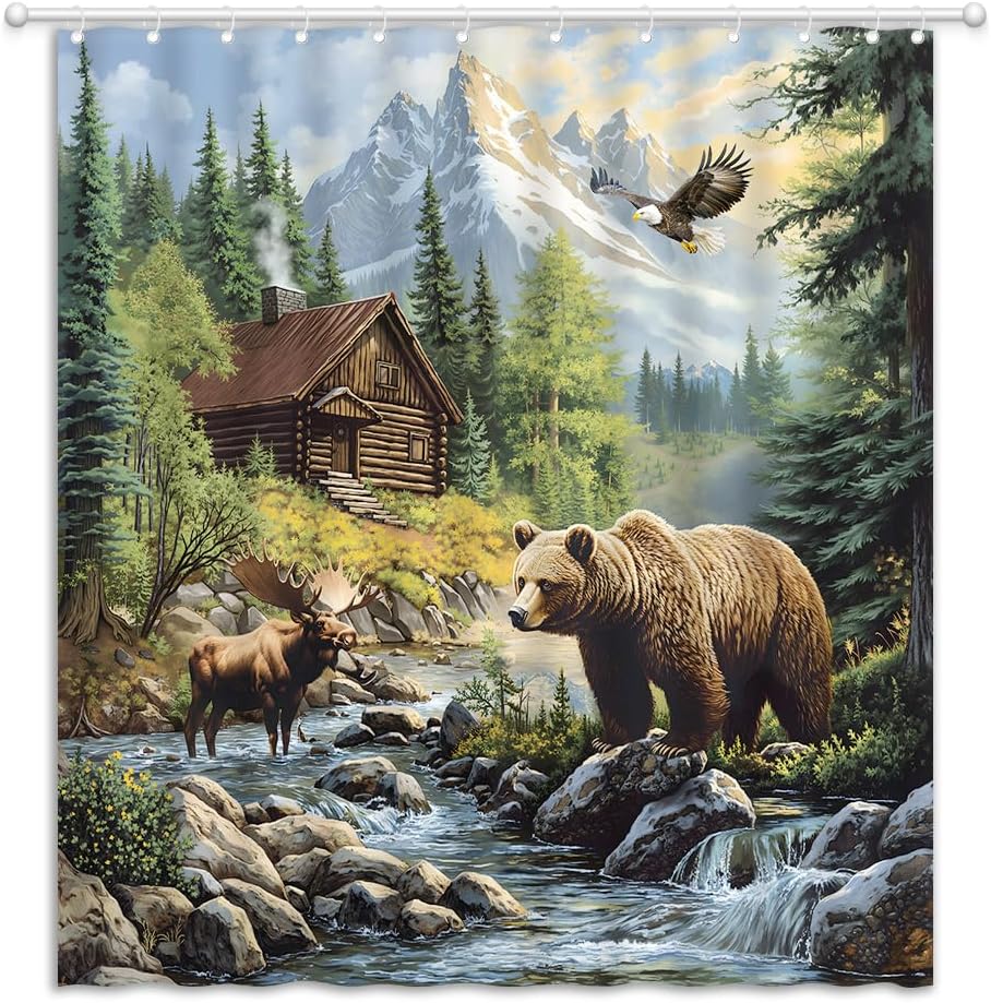 Country Rustic Cabin Bear Elk Shower Curtain Eagle Moose Deer Camping Lodge Hunting Wildlife Animals Nature Fabric Bathroom Decor Curtains with Hooks, 70" Wx84 H