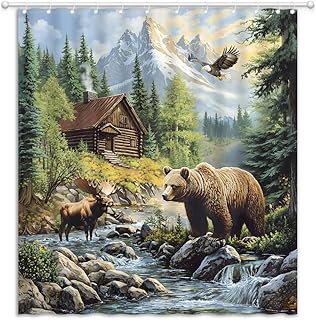 Country Rustic Cabin Bear Elk Shower Curtain Eagle Moose Deer Camping Lodge Hunting Wildlife Animals Nature Fabric Bathroom Decor Curtains with Hooks, 70