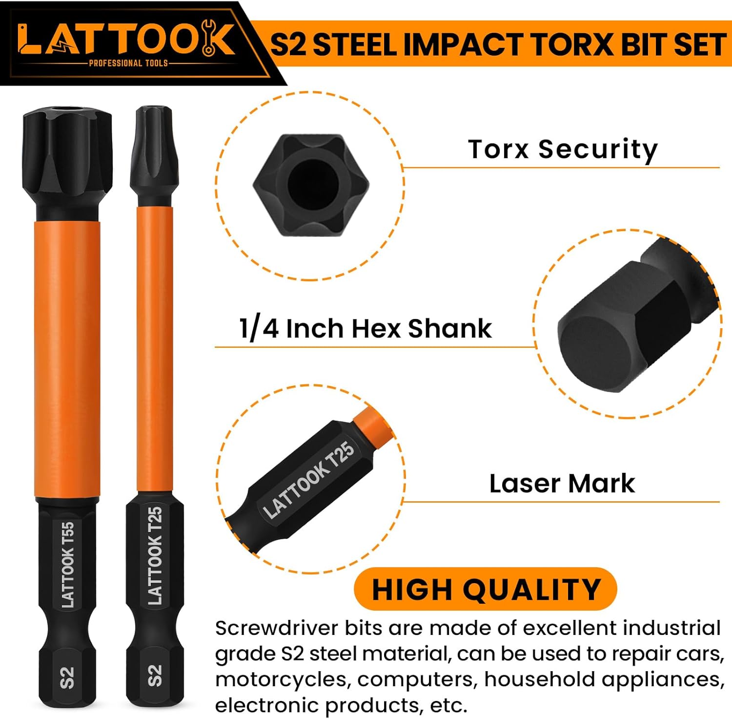 Impact Torx Bit Set, LATTOOK 13PCS Security Torx Bit Set, Tamper Proof Star Bit Set, Magnetic S2 Steel, 3'' Long, T10, T15, T20, T25, T27, T30, T40, T50, T55