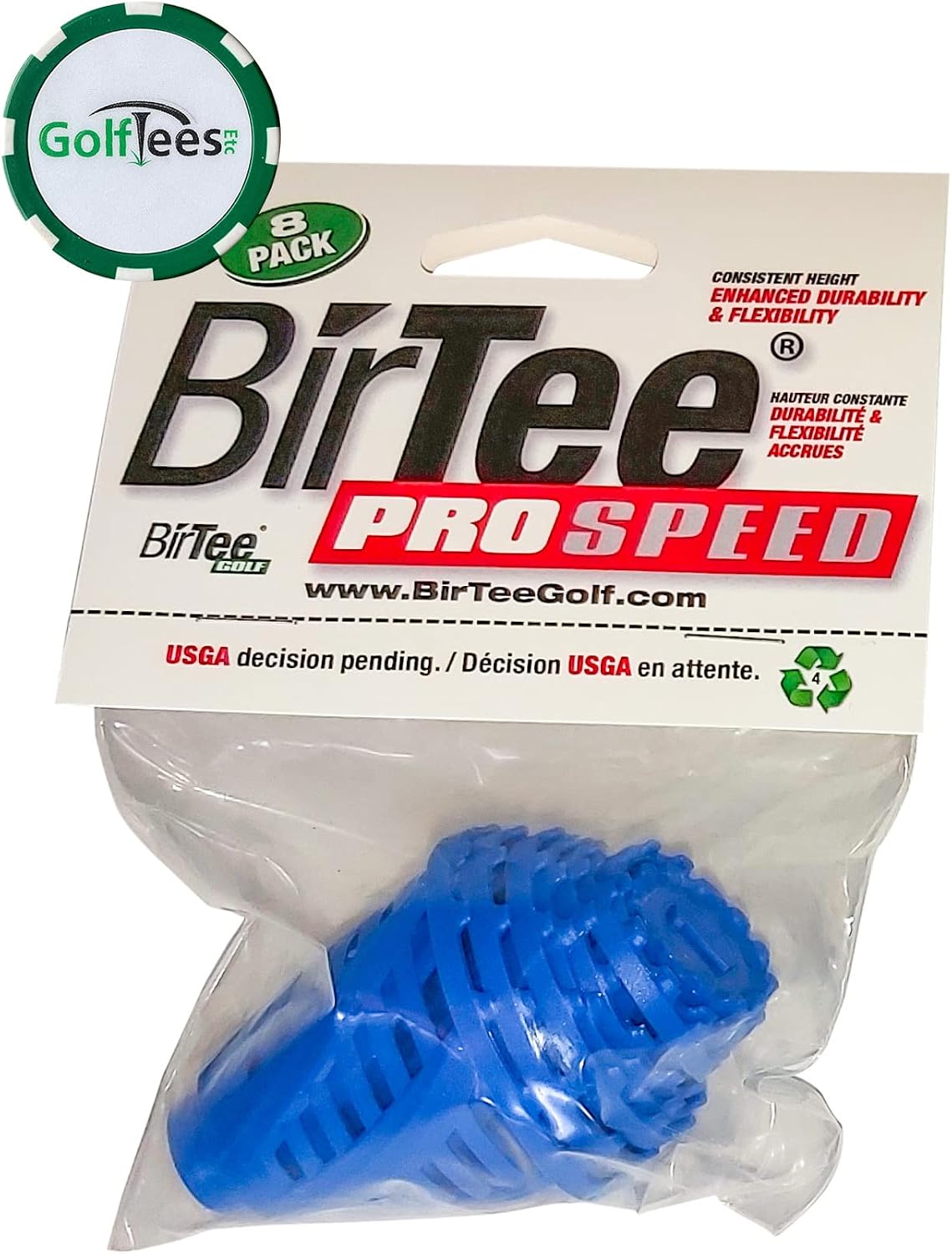 BirTee Golf Tees - PRO Speed Version with Enhanced Durability - 8 Pack. Indoor Golf Tees/Golf Simulator Tees/Winter Golf Tees. Bundled with an Exclusive Poker Chip Ball Marker (Blue)