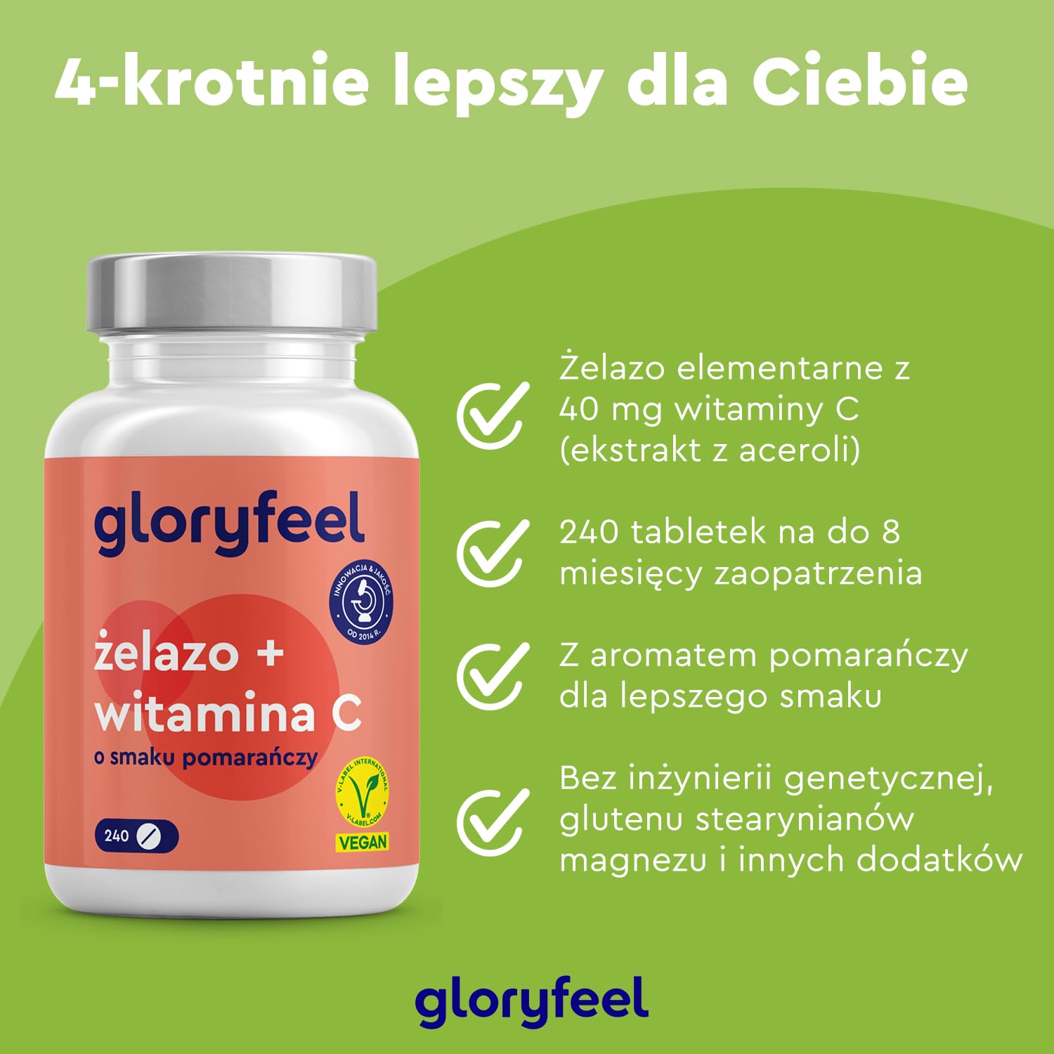 Żelazo z 40mg witaminy C - 240 tabl. - Najwyższej jakości surowce: bisglicynian żelaza + witamina C z ekstraktu z aceroli - Testowane laboratoryjnie bez dodatków, wyprodukowane w Niemczech