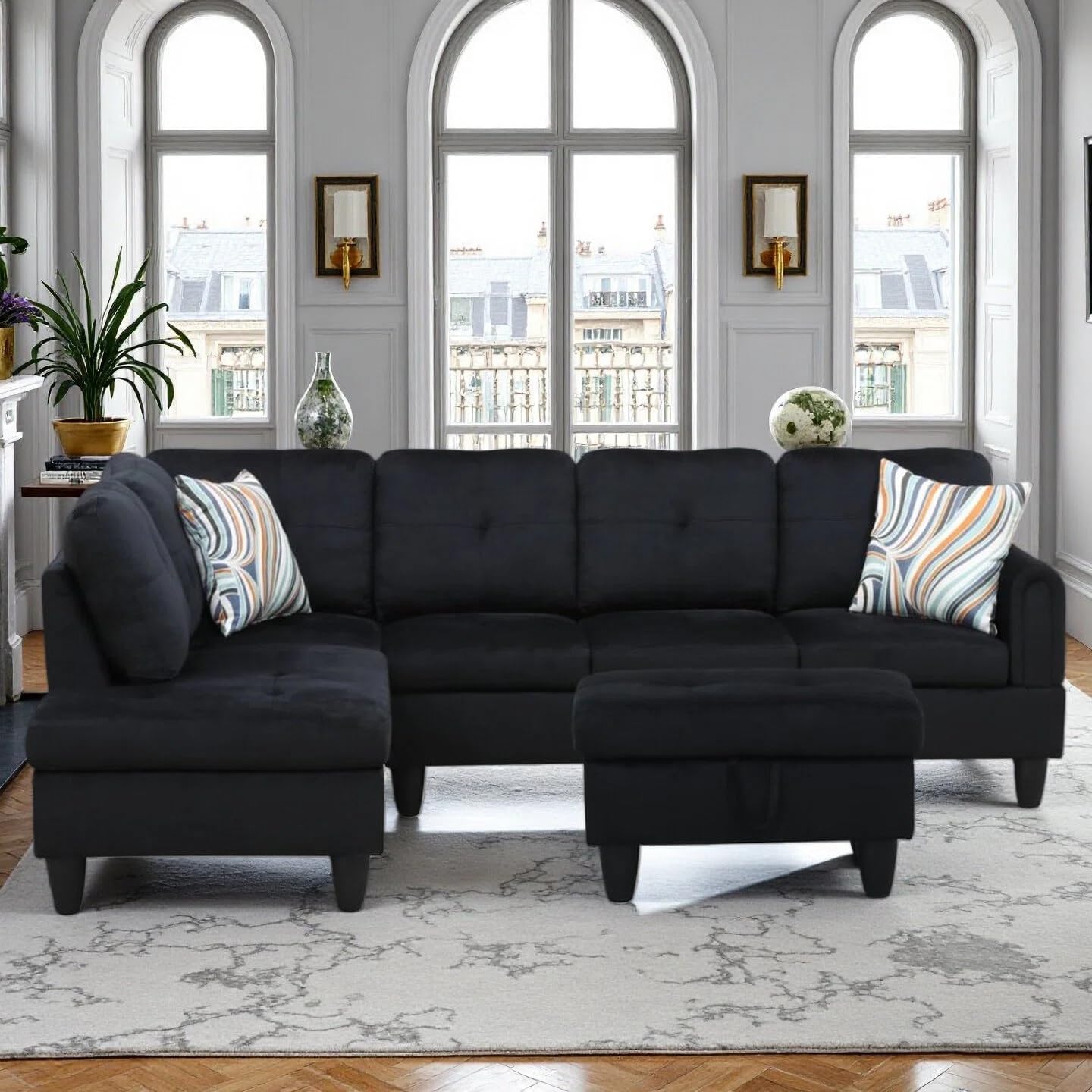 L Shaped Couch Sectional Couches with Chaise and Storage Ottoman, 3 Pieces Modular Convertible Sofa for Living Room Furniture Sets and Small Apartment, Black