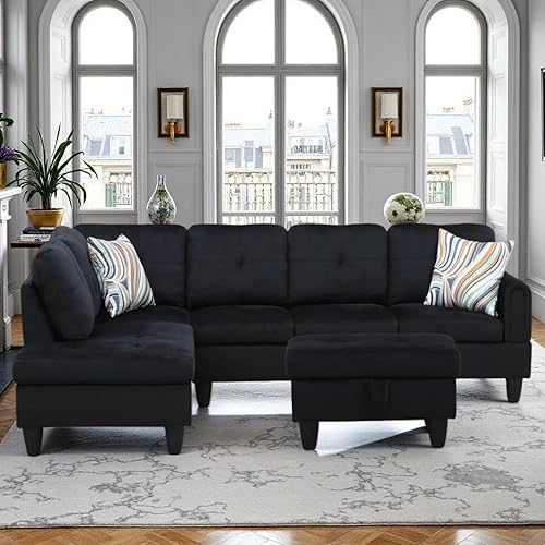 Sofá seccional en forma de L con diván y otomana de almacenamiento, sofá modular convertible de 3 piezas para juegos de muebles de sala y negro
