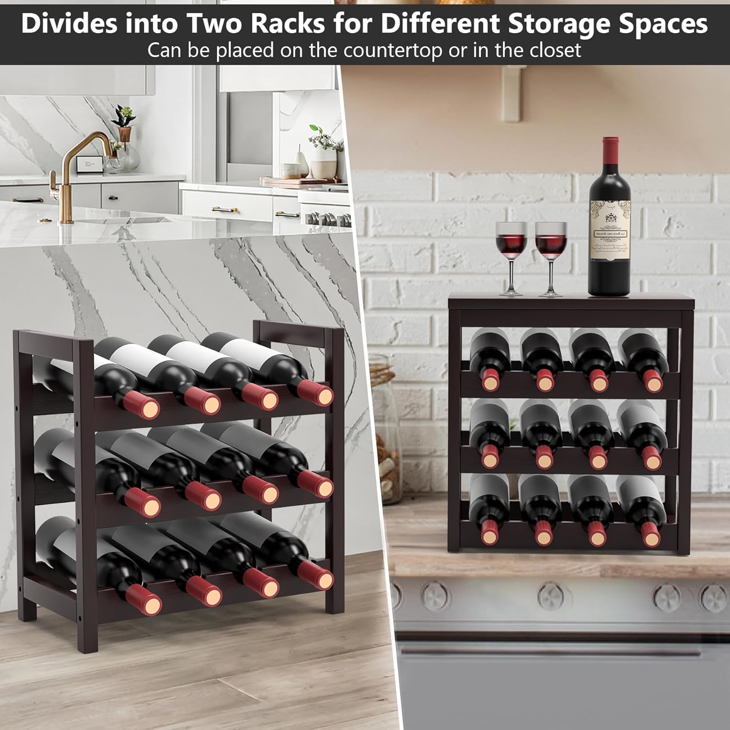 24 Botttle Wine Rack Freestanding Floor, 6 Tier Wine Rack Shelf with Table Top, Bamboo Wine Rack, Wine Storage Shelves Kitchen Bar Dining Room Living Room - Dark Brown