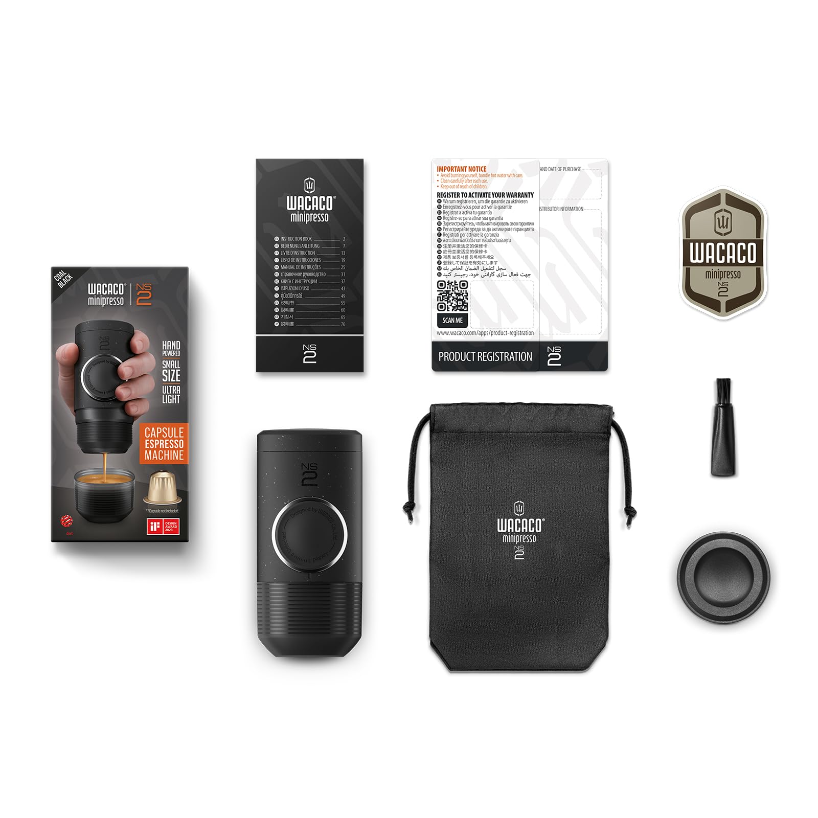 WACACO Minipresso NS2, Cafetera Espresso Portátil Compatible con Cápsulas Originales *Nespresso®* y Compatibles, Operación Manual, Mini Cafetera de 18 Bares, Negro carbón