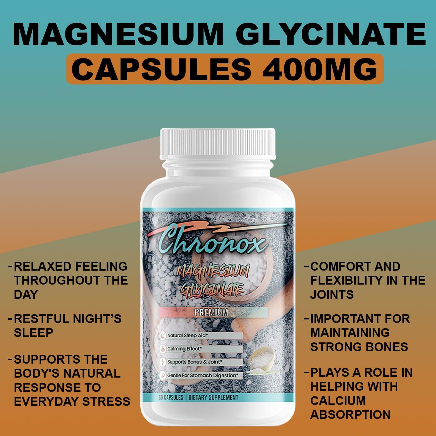 Magnesium Glycinate Capsules - Dietary Supplement with Gentle Formula for Easy Absorption - Magnesium Capsules Support Relaxation, Balance & Bone Health-Choose Magnesium Glycinate Daily - 60 Capsules